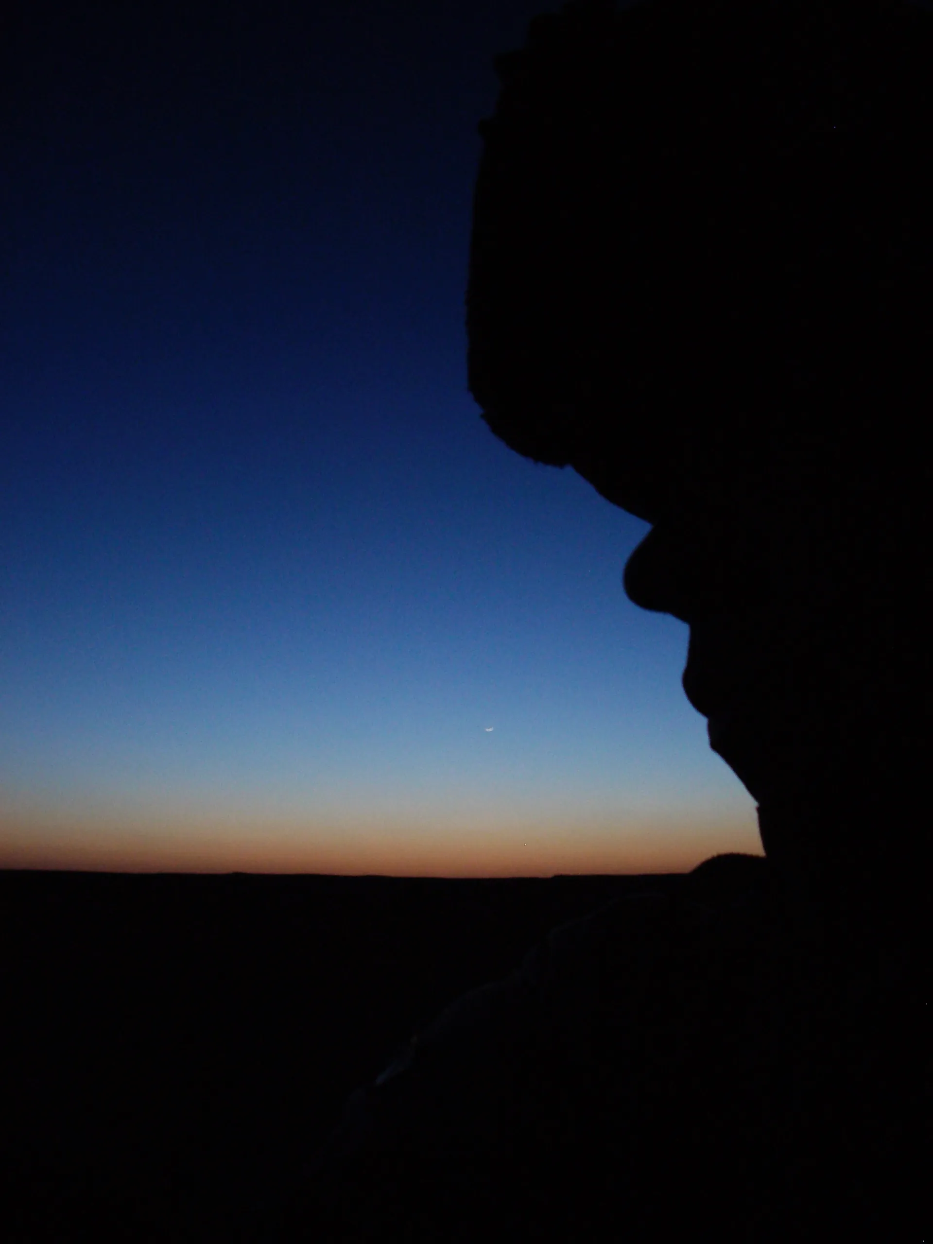 A dark side profile fills the right side of the frame above a twilight horizon and a small crescent moon.
