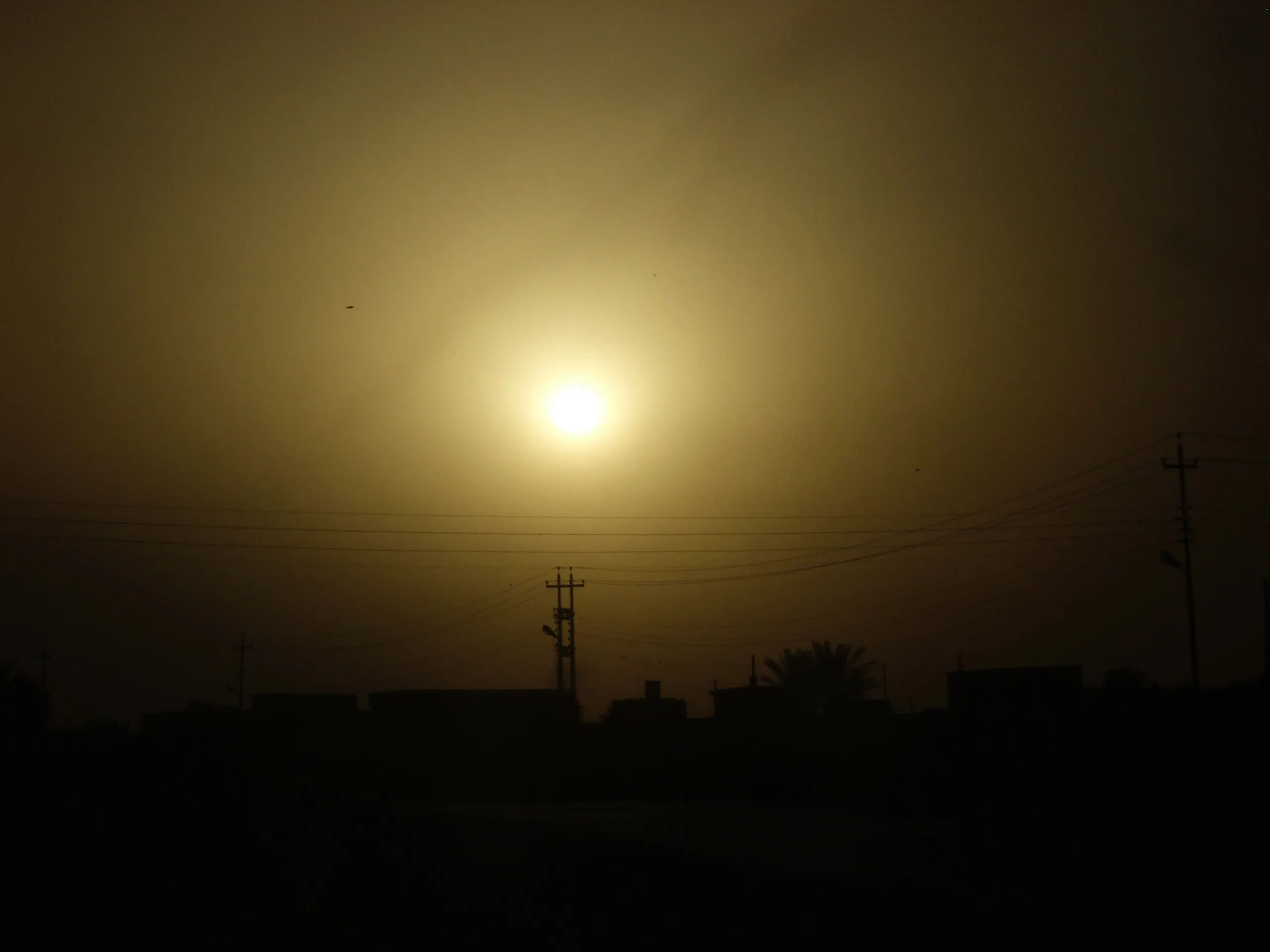 A yellow sun shines through haze above dark rooftops, utility poles, and power lines.