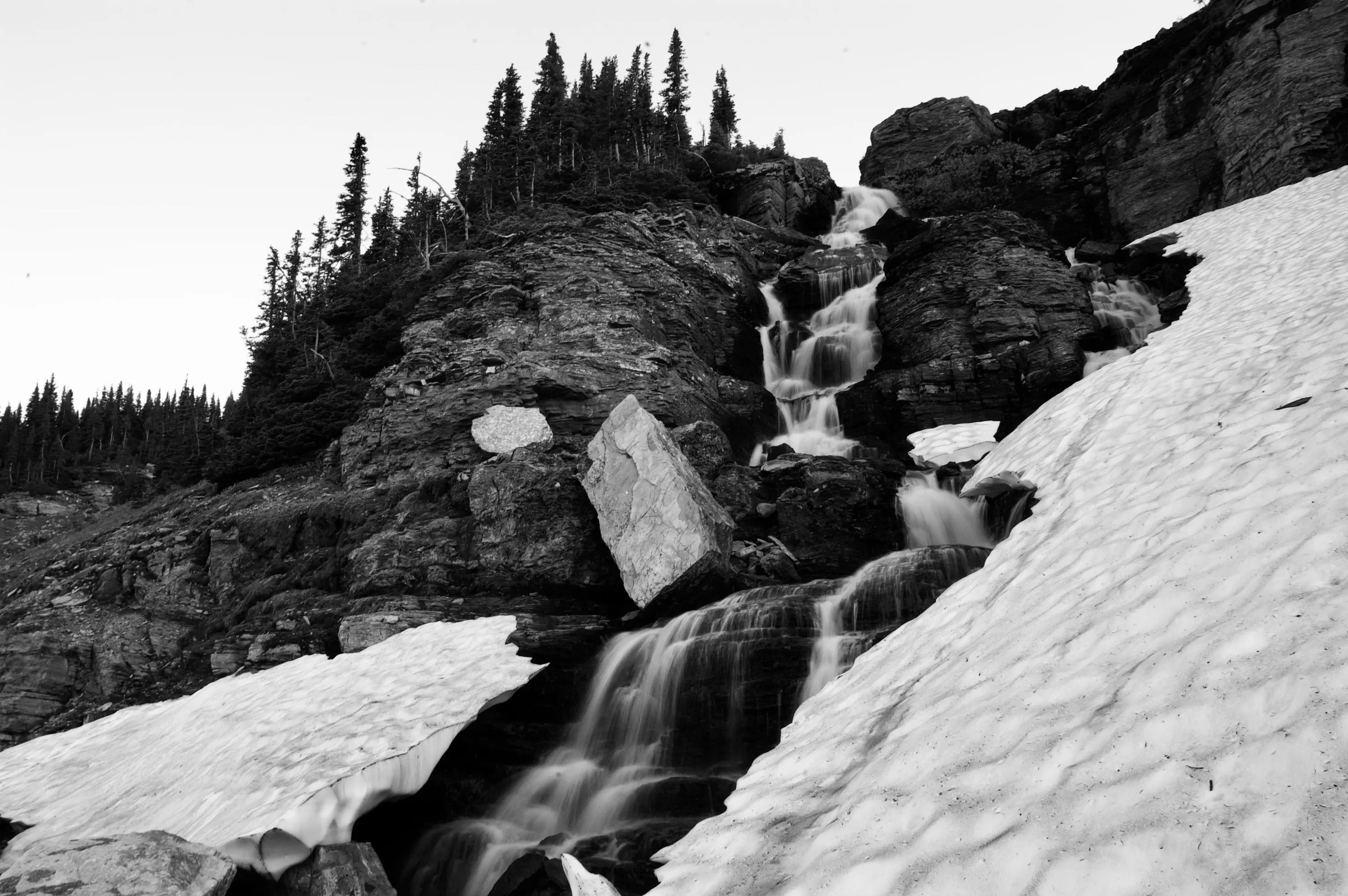 Black-and-white photograph of a small waterfall cascading over dark rocks between snowbanks and conifers.