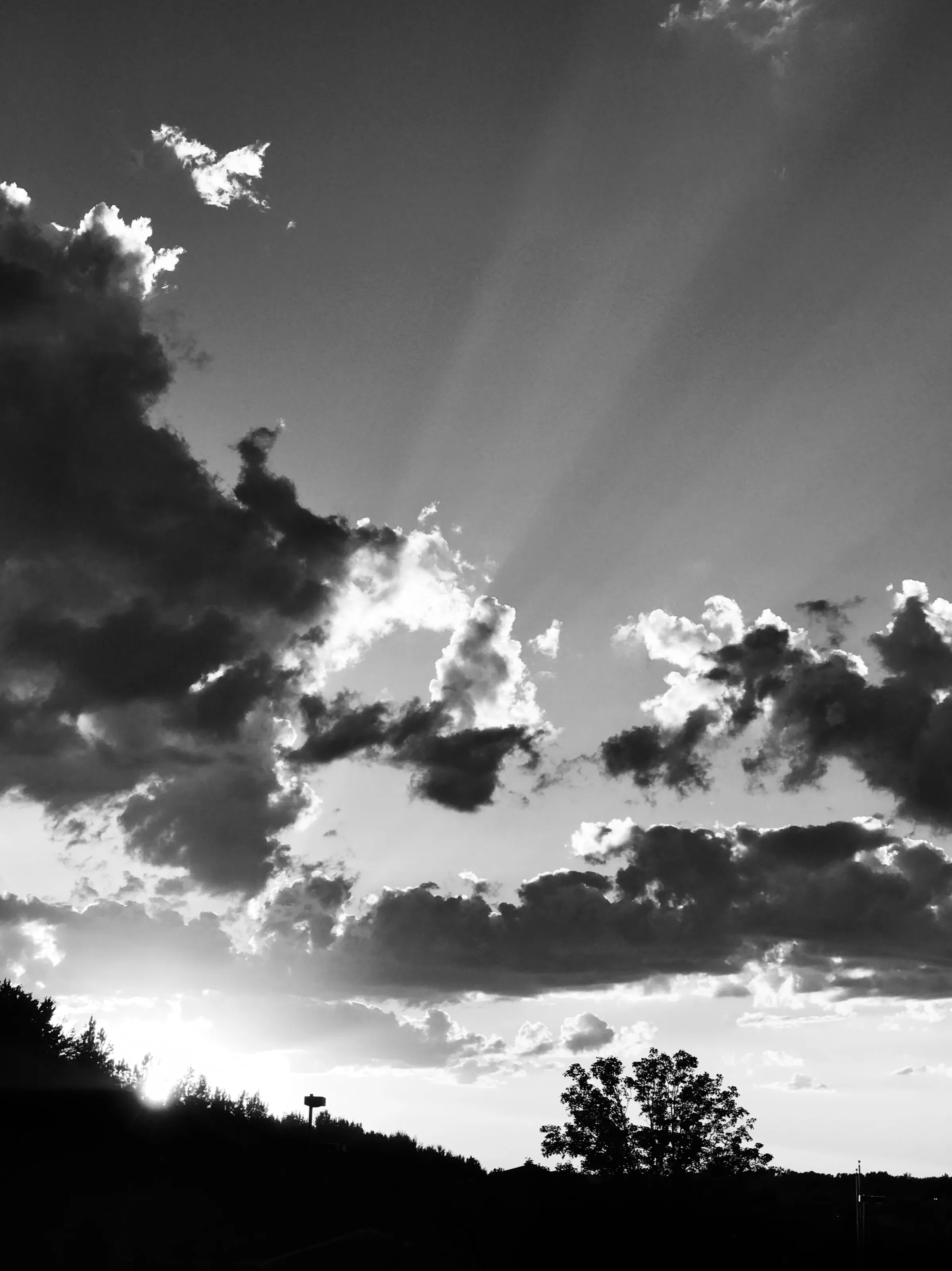 Black-and-white view of dramatic clouds and rays of sunlight above a silhouetted ridgeline and tree.