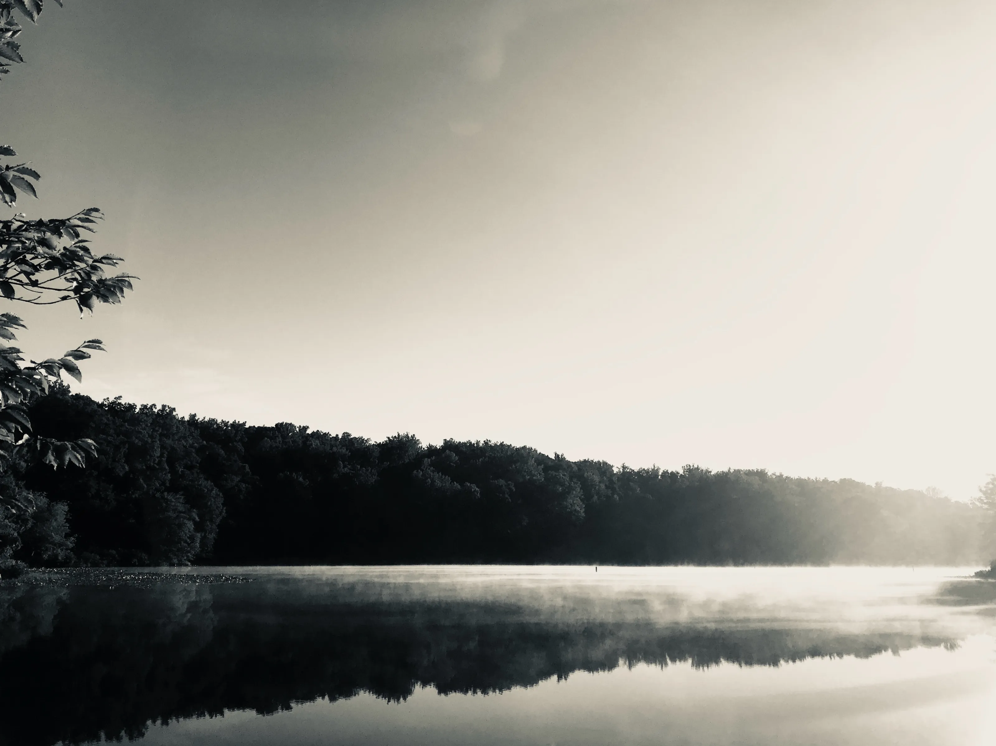 A calm lake reflects a dark treeline while low mist glows near the far shore.