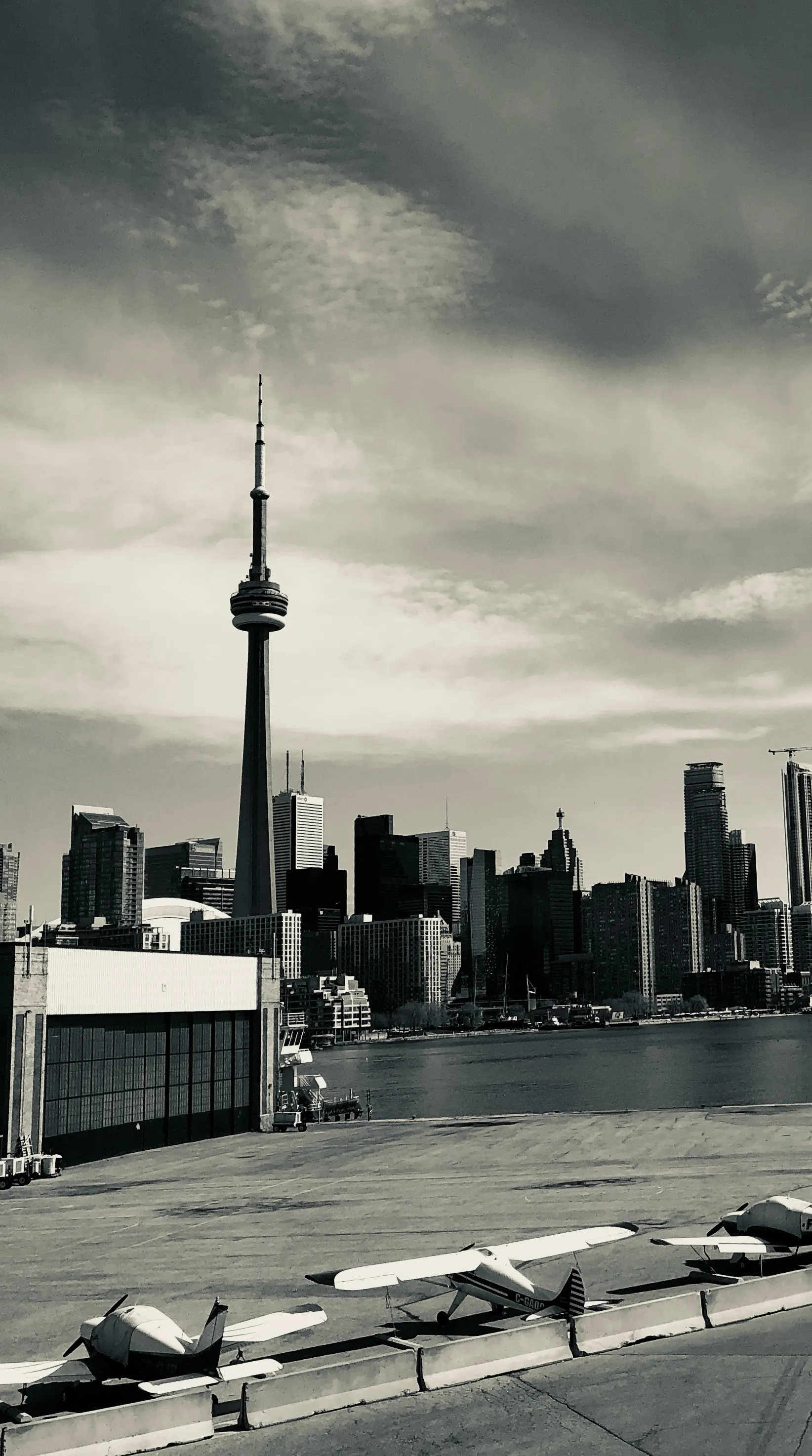 The CN Tower rises above downtown buildings across a waterfront and rooftop foreground.