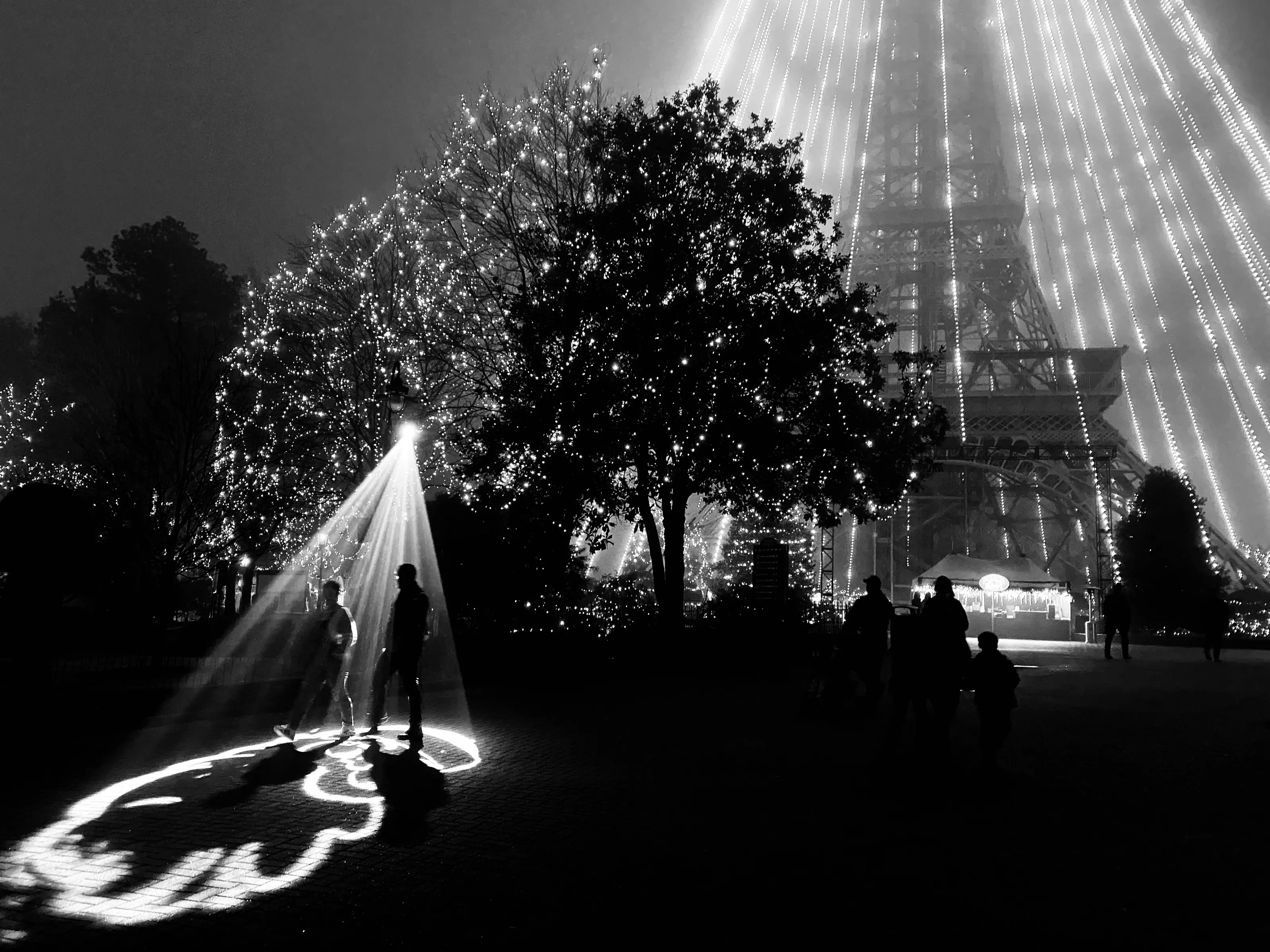 Black-and-white nighttime photograph of silhouetted people in a bright projected pattern beneath trees, with a large illuminated structure in the background.