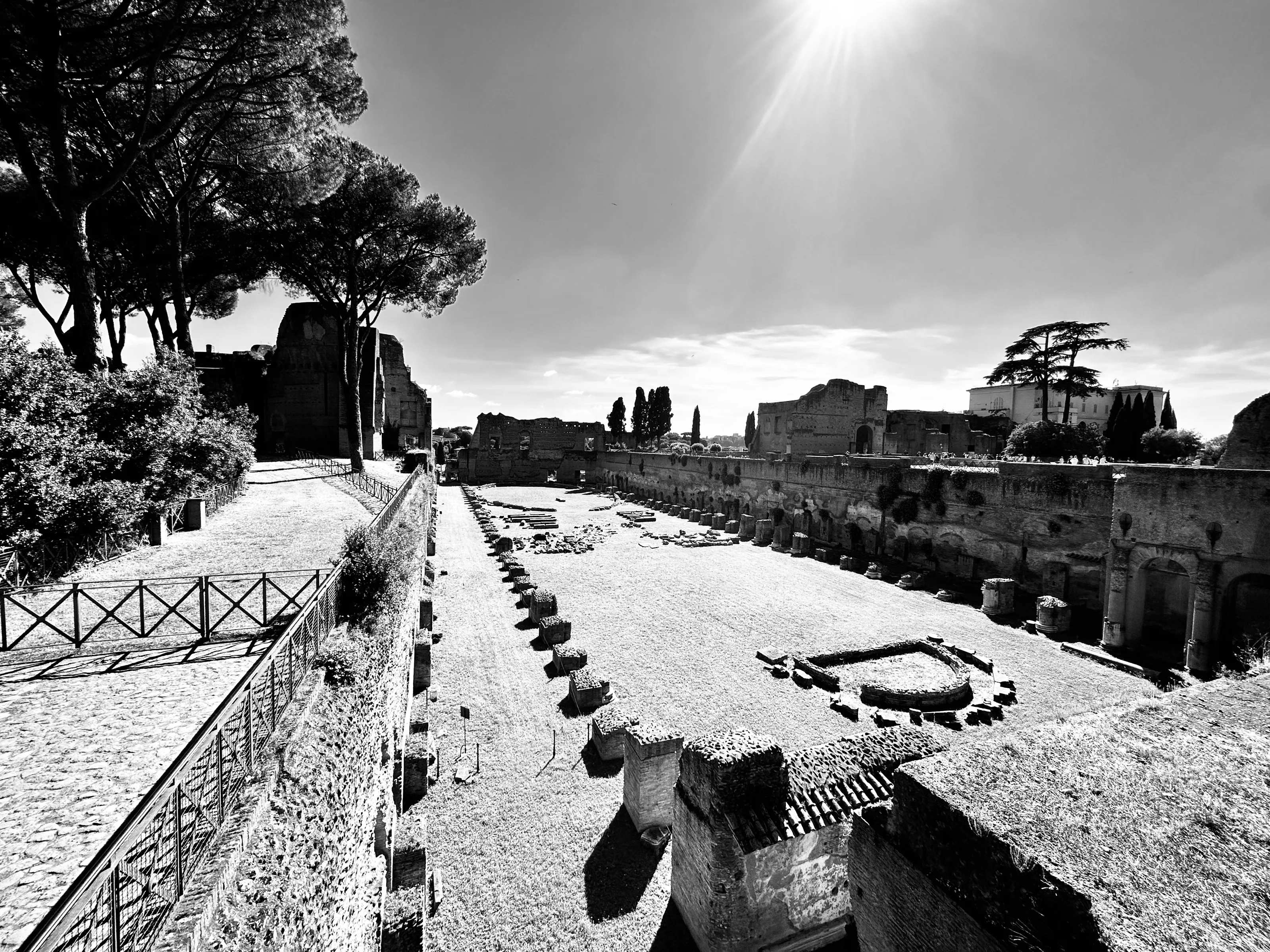 Black-and-white view over a large archaeological site with stone paths, low ruins, arches, and bright sun in the upper right.