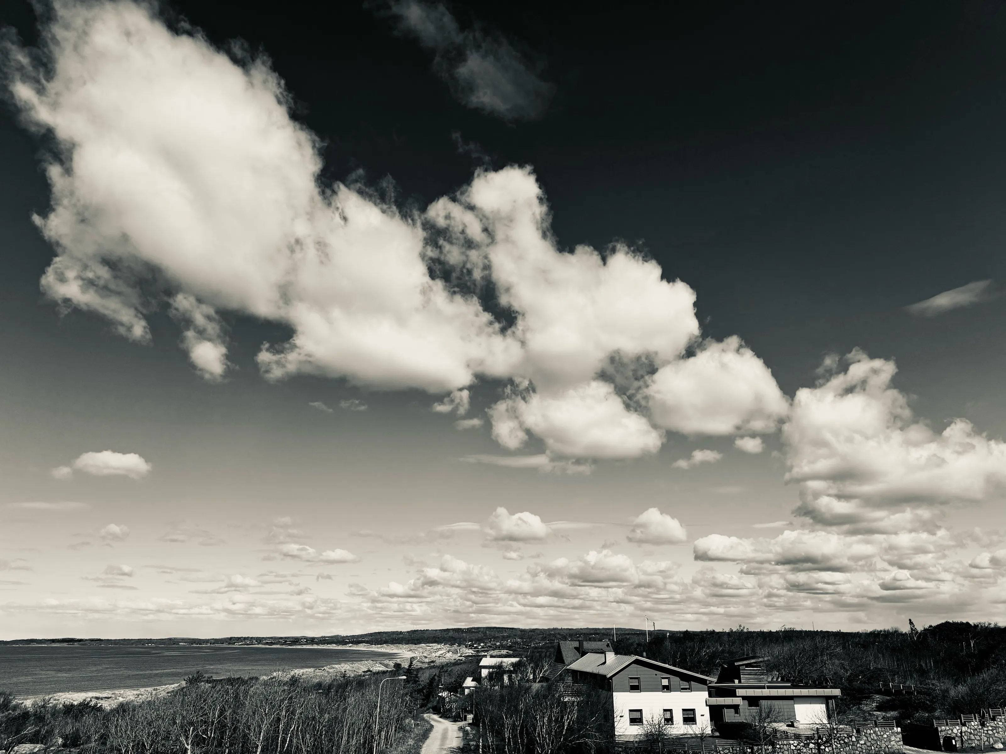 Black-and-white coastal view with houses, a winding road, and large clouds above the water.