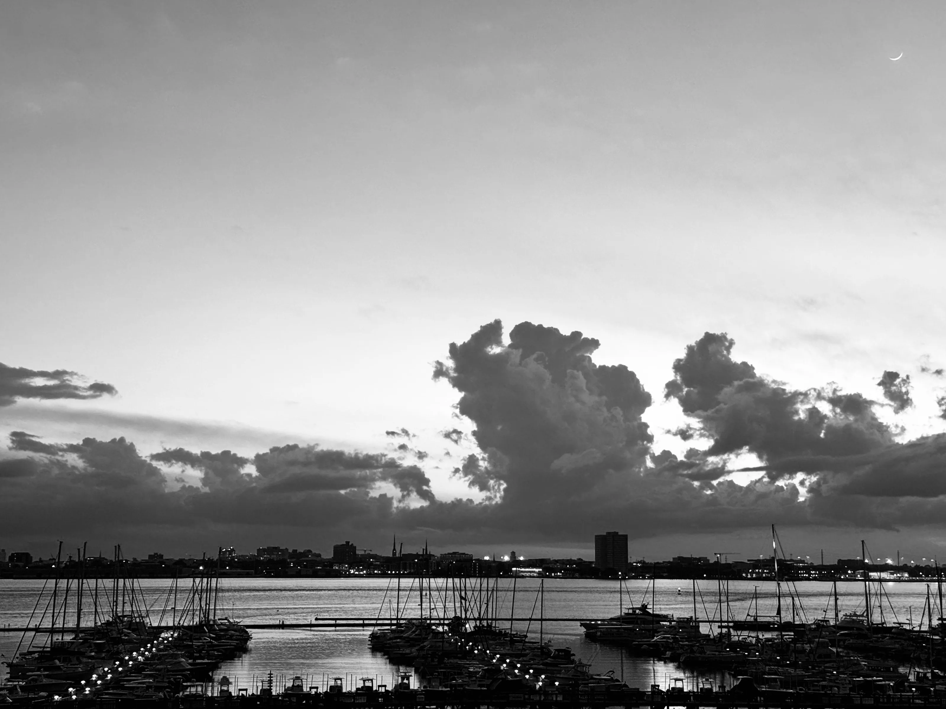 Black-and-white view across a marina, with rows of boats below a cloudy evening sky.