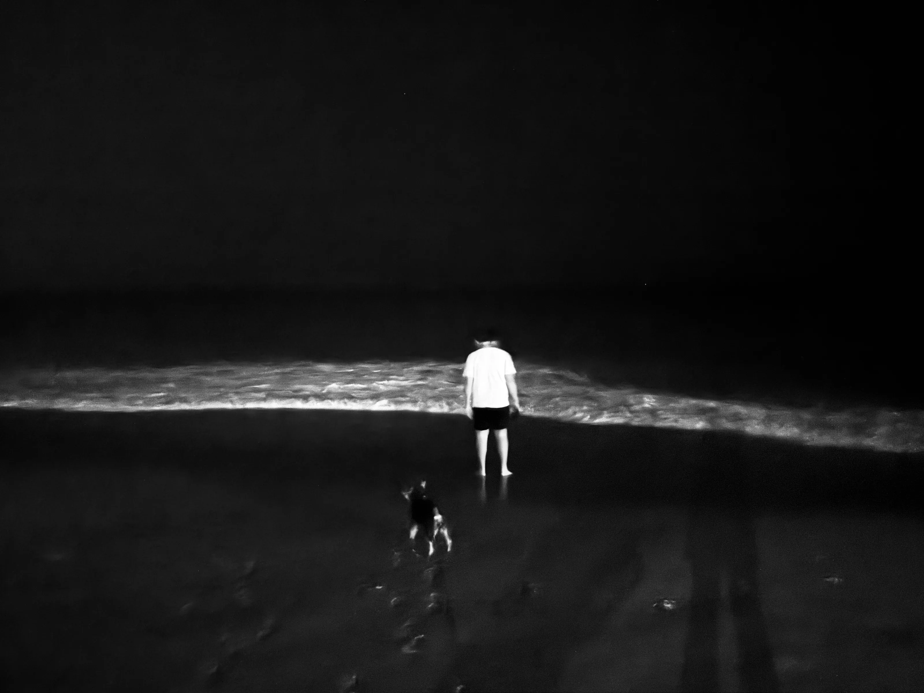 Black-and-white night photograph of a person in a light shirt standing in shallow water with a small dog nearby.