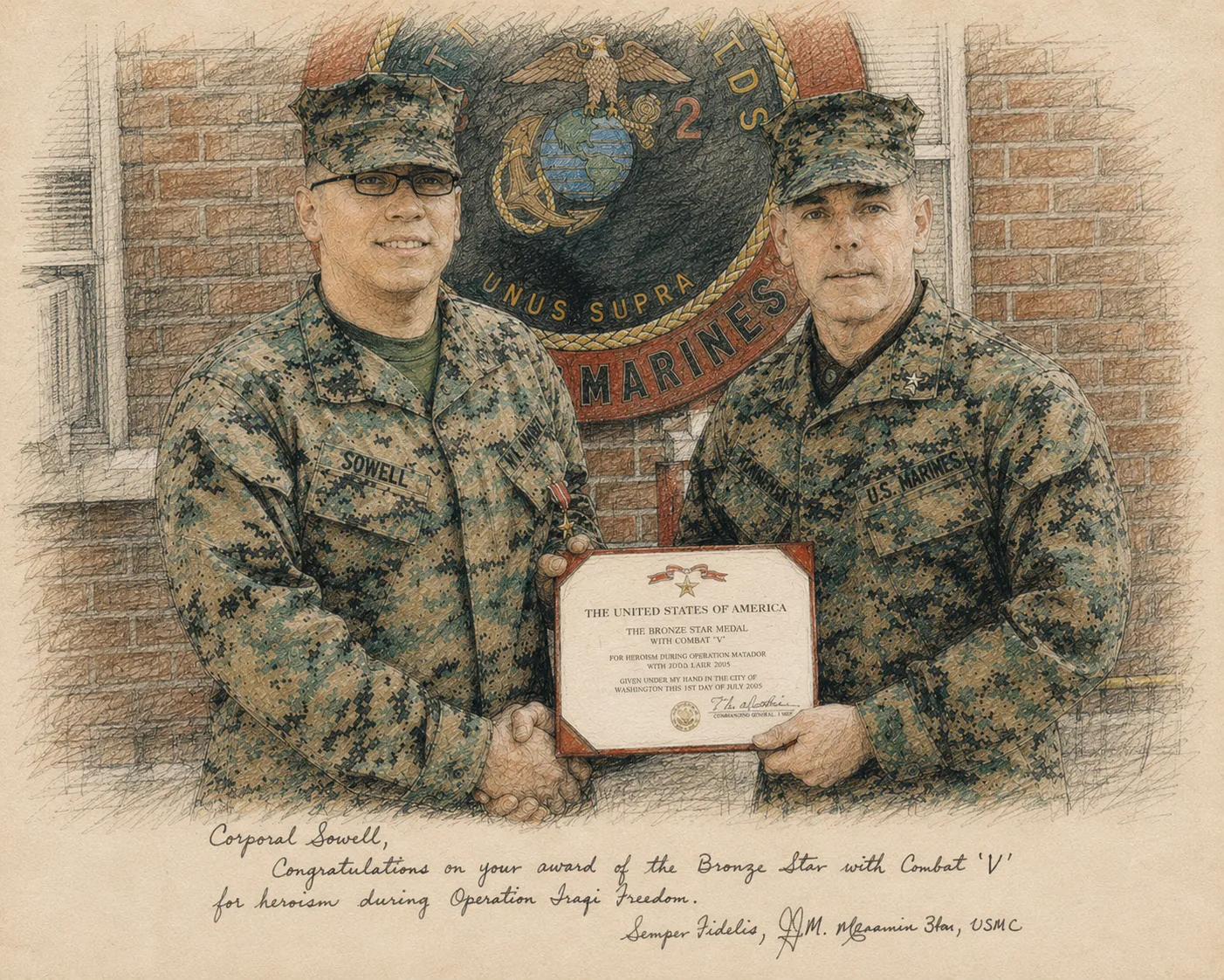 Illustrated drawing of Corporal Sowell receiving the Bronze Star with Combat V at the March 2006 ceremony, shaking hands in front of the Marine Corps crest.