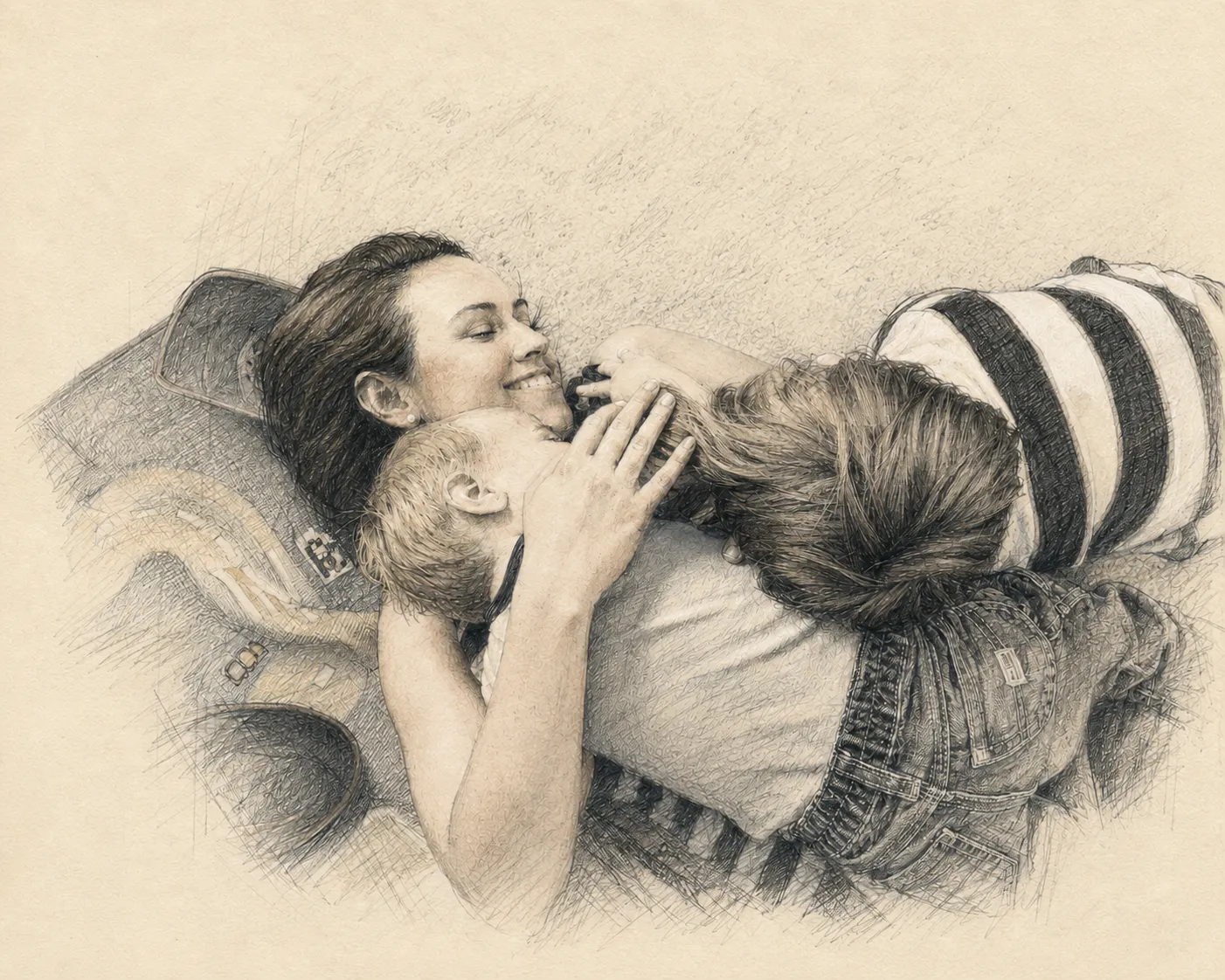Illustrated drawing of Charity lying on a couch, laughing, holding both boys as young children.