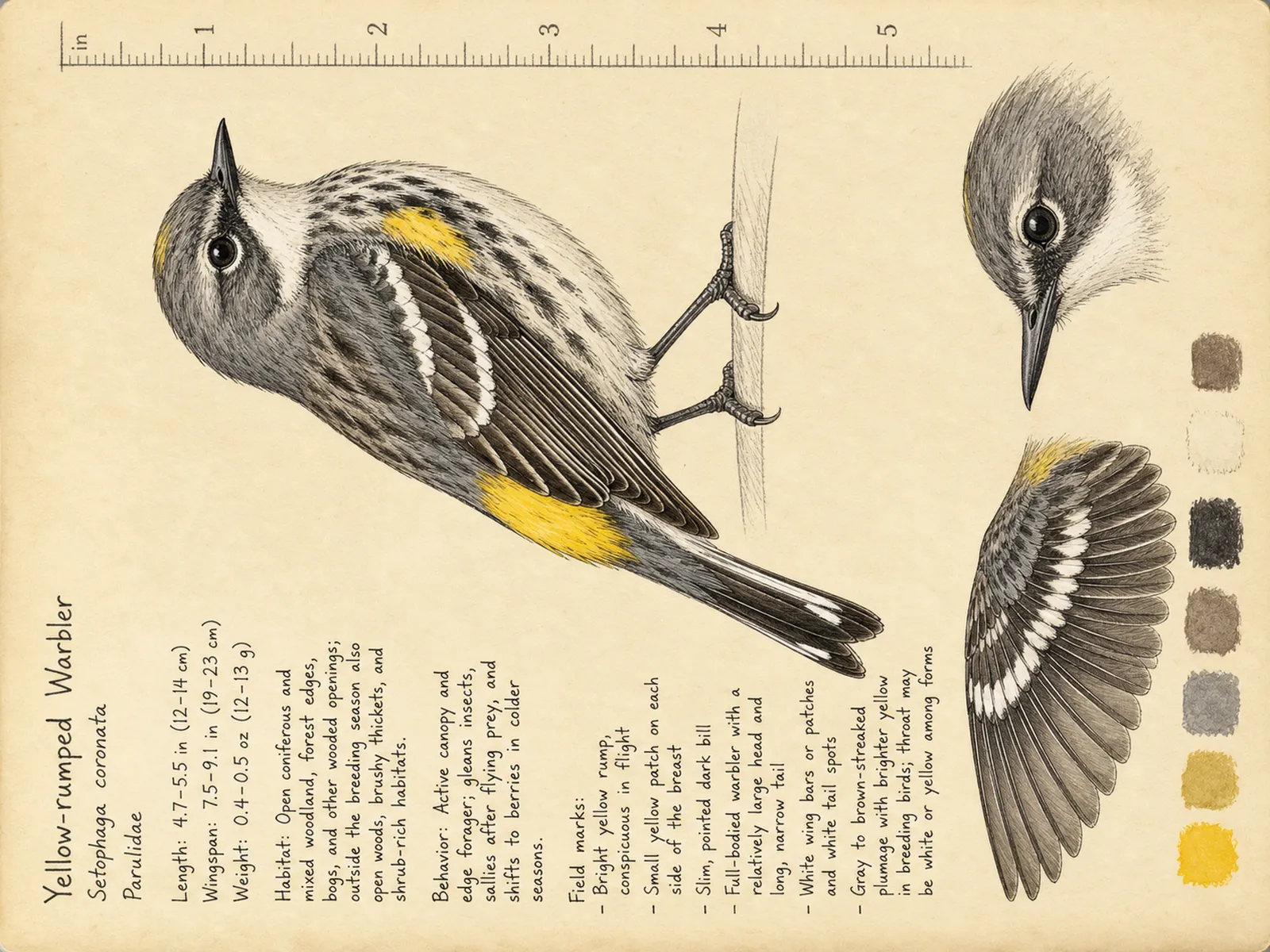 The Yellow-rumped Warbler plate as rendered on the e-ink frame