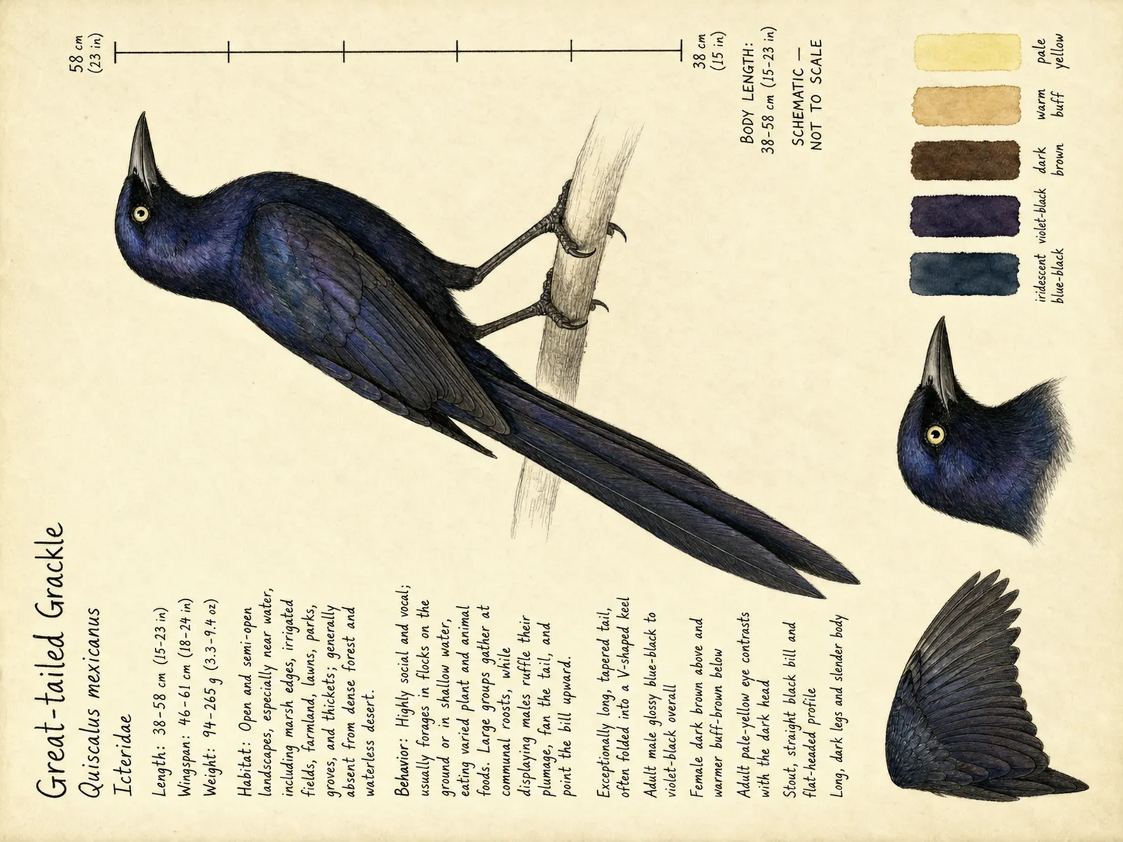 The Great-tailed Grackle plate as rendered on the e-ink frame