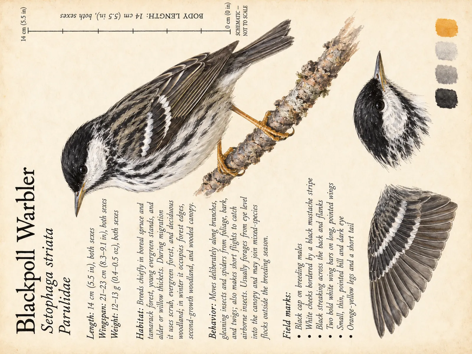 The Blackpoll Warbler plate as rendered on the e-ink frame