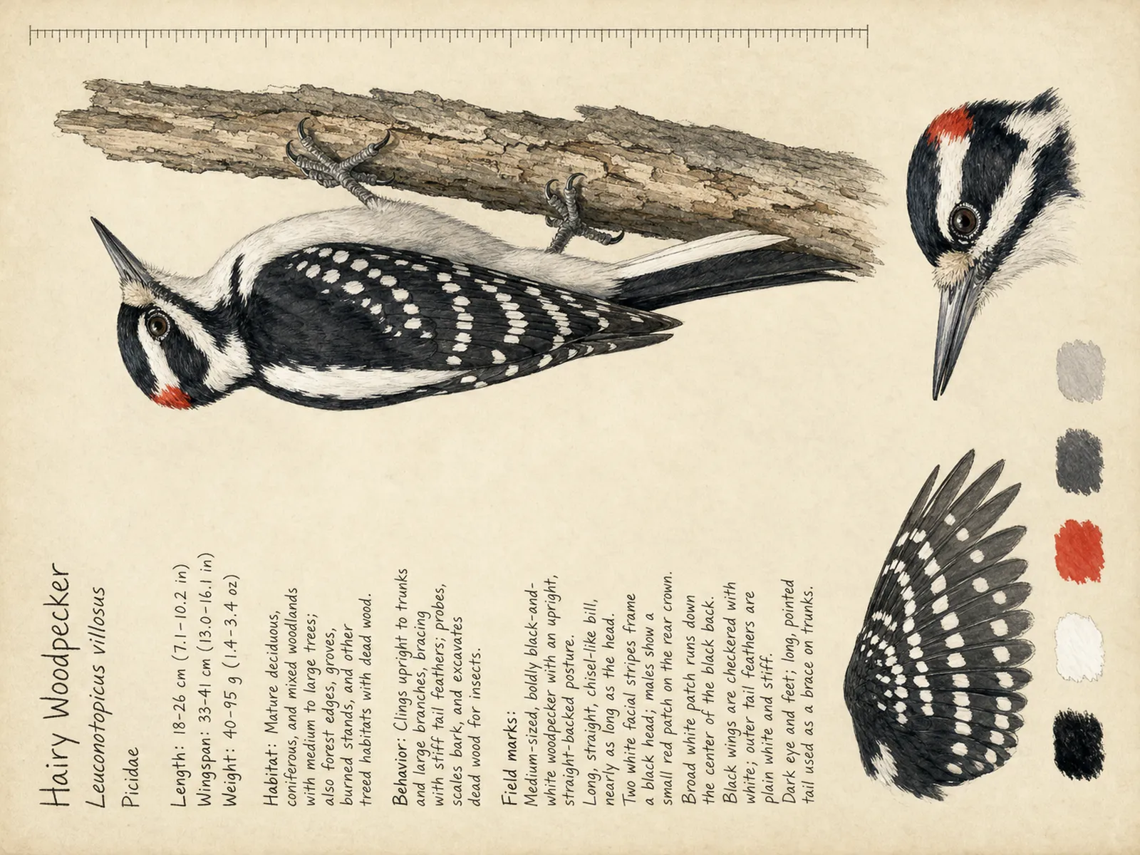 The Hairy Woodpecker plate as rendered on the e-ink frame