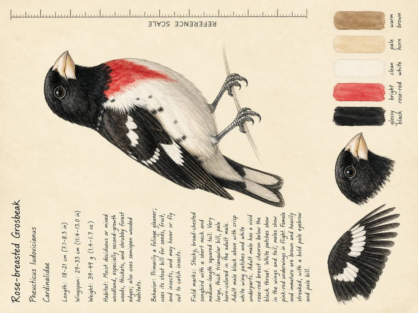 The Rose-breasted Grosbeak plate as rendered on the e-ink frame