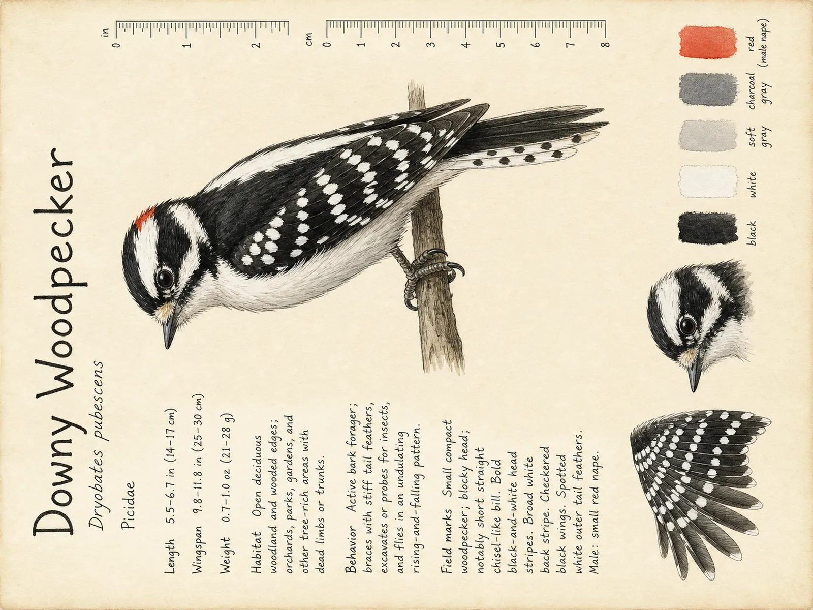 The Downy Woodpecker plate as rendered on the e-ink frame