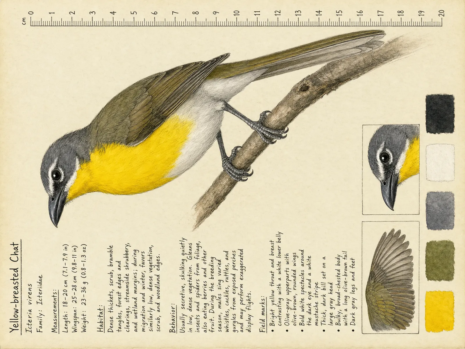 The Yellow-breasted Chat plate as rendered on the e-ink frame