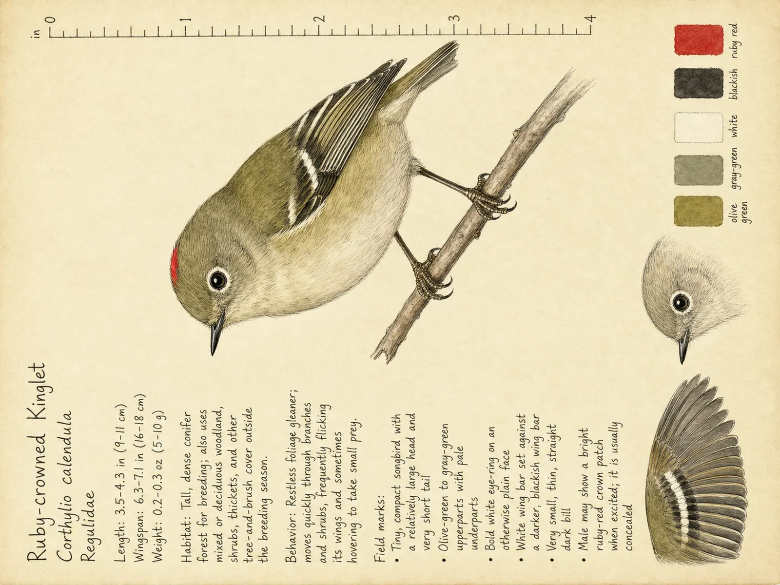 The Ruby-crowned Kinglet plate as rendered on the e-ink frame