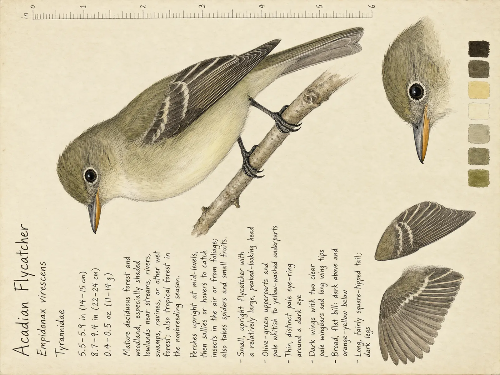The Acadian Flycatcher plate as rendered on the e-ink frame