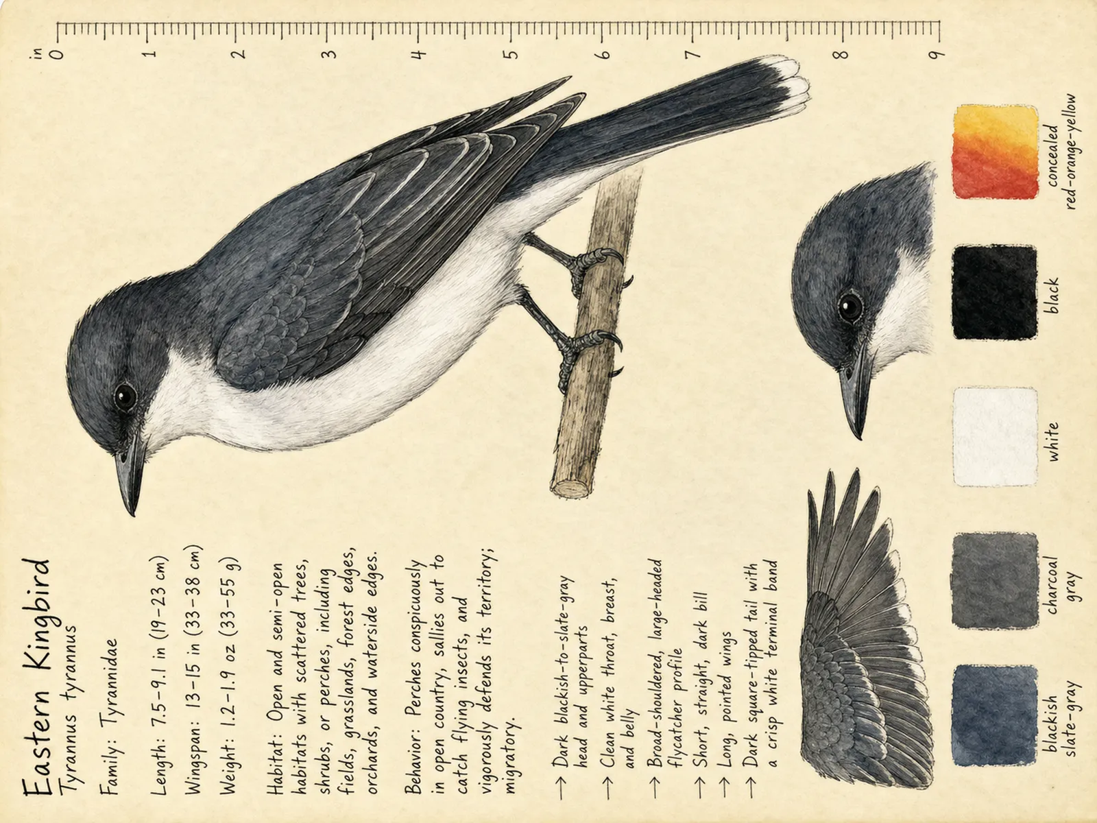 The Eastern Kingbird plate as rendered on the e-ink frame