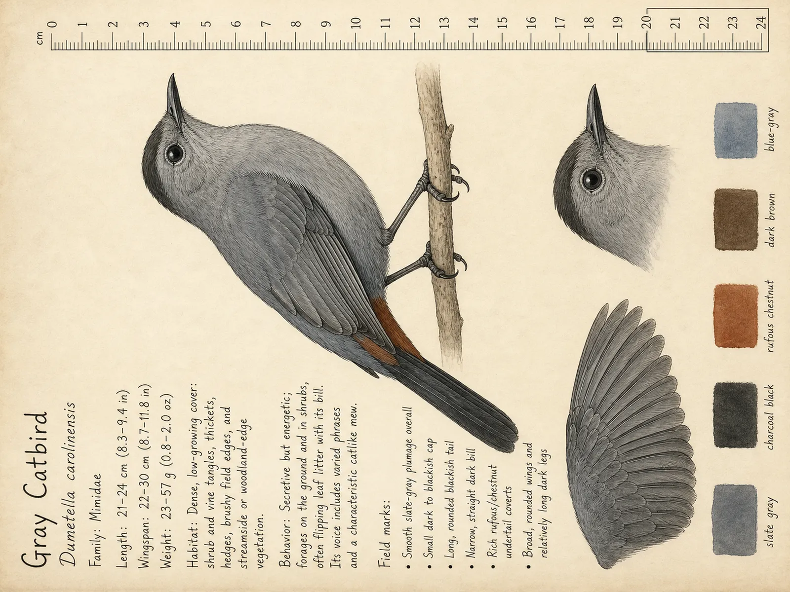 The Gray Catbird plate as rendered on the e-ink frame