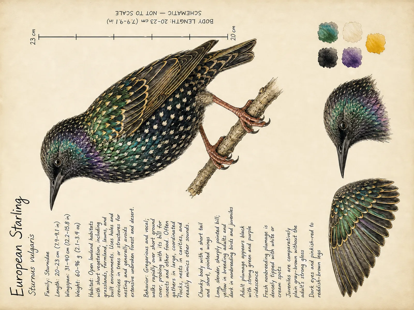 The European Starling plate as rendered on the e-ink frame