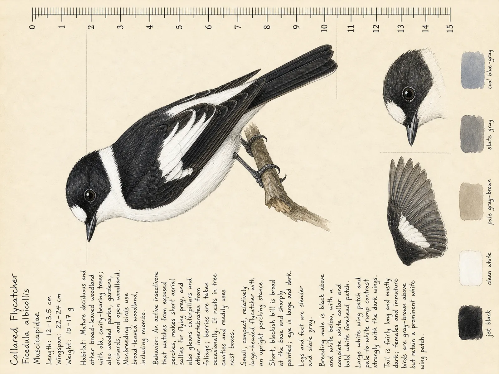 The Collared Flycatcher plate as rendered on the e-ink frame