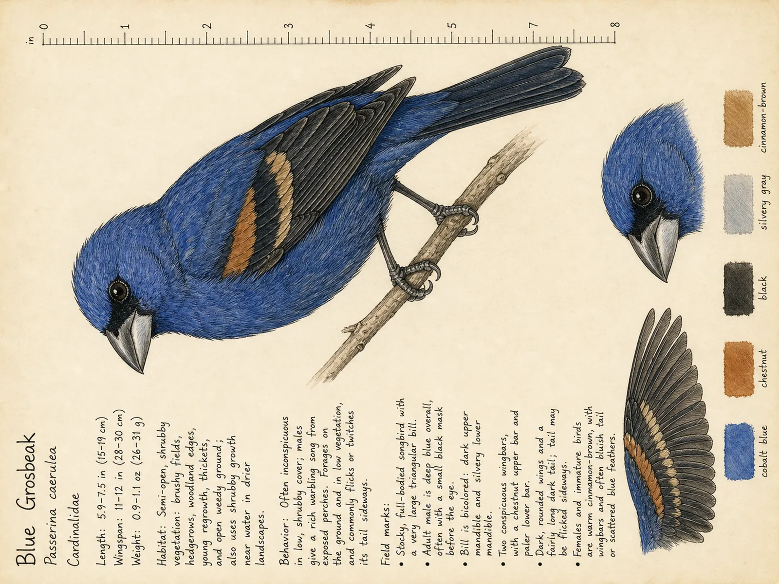 The Blue Grosbeak plate as rendered on the e-ink frame