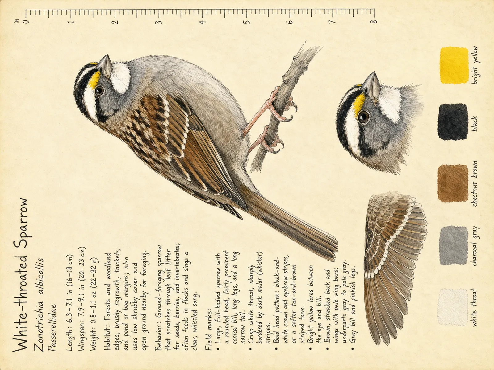 The White-throated Sparrow plate as rendered on the e-ink frame