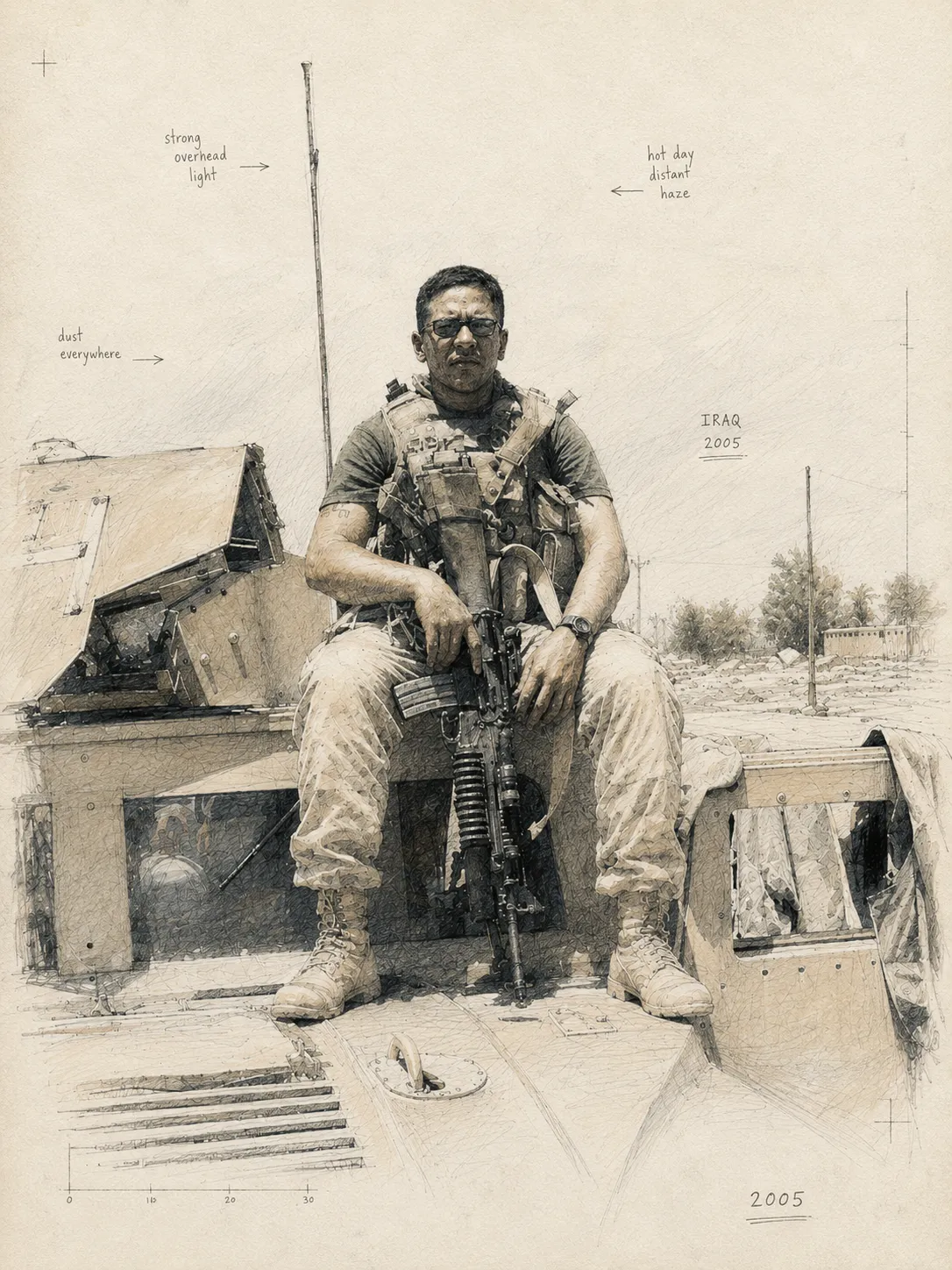 Illustrated portrait of Henry in Iraq, August 2005, seated on an up-armored Humvee holding his rifle under strong overhead light.