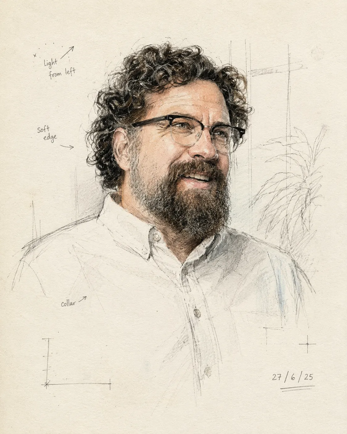 Illustrated field-journal portrait of Henry Sowell: curly hair, beard, glasses, white shirt, looking off to the right.