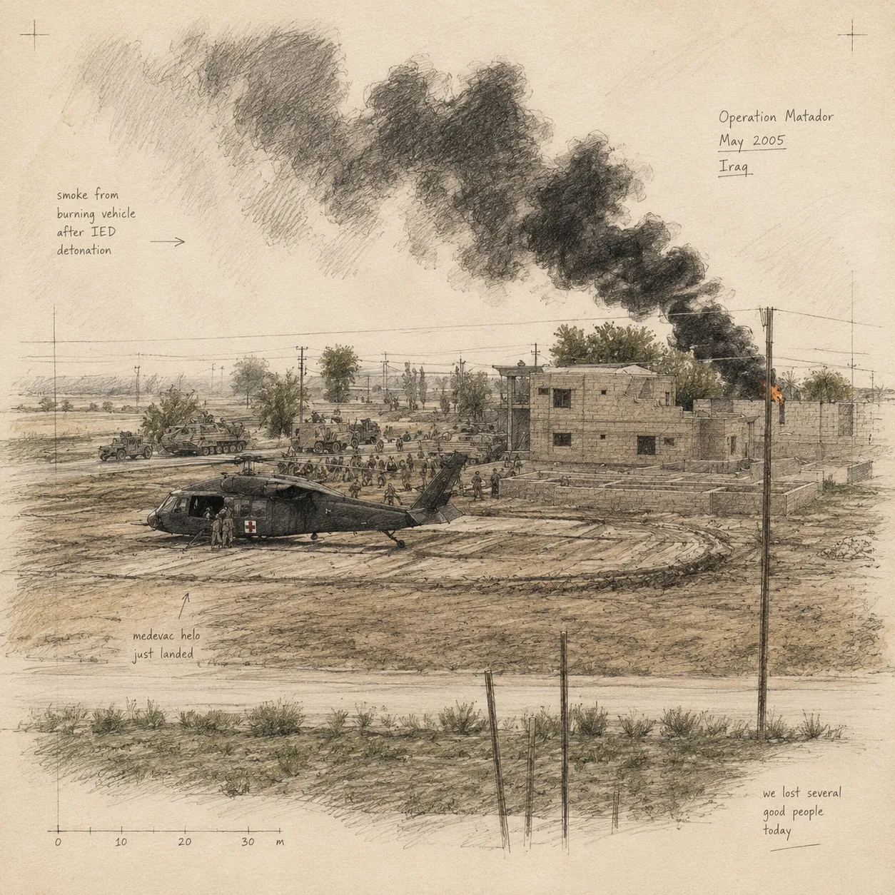 Illustrated field scene from Operation Matador, May 2005: a medevac helicopter just landed, smoke rising from a vehicle after an IED detonation, with the handwritten note that we lost several good people today.