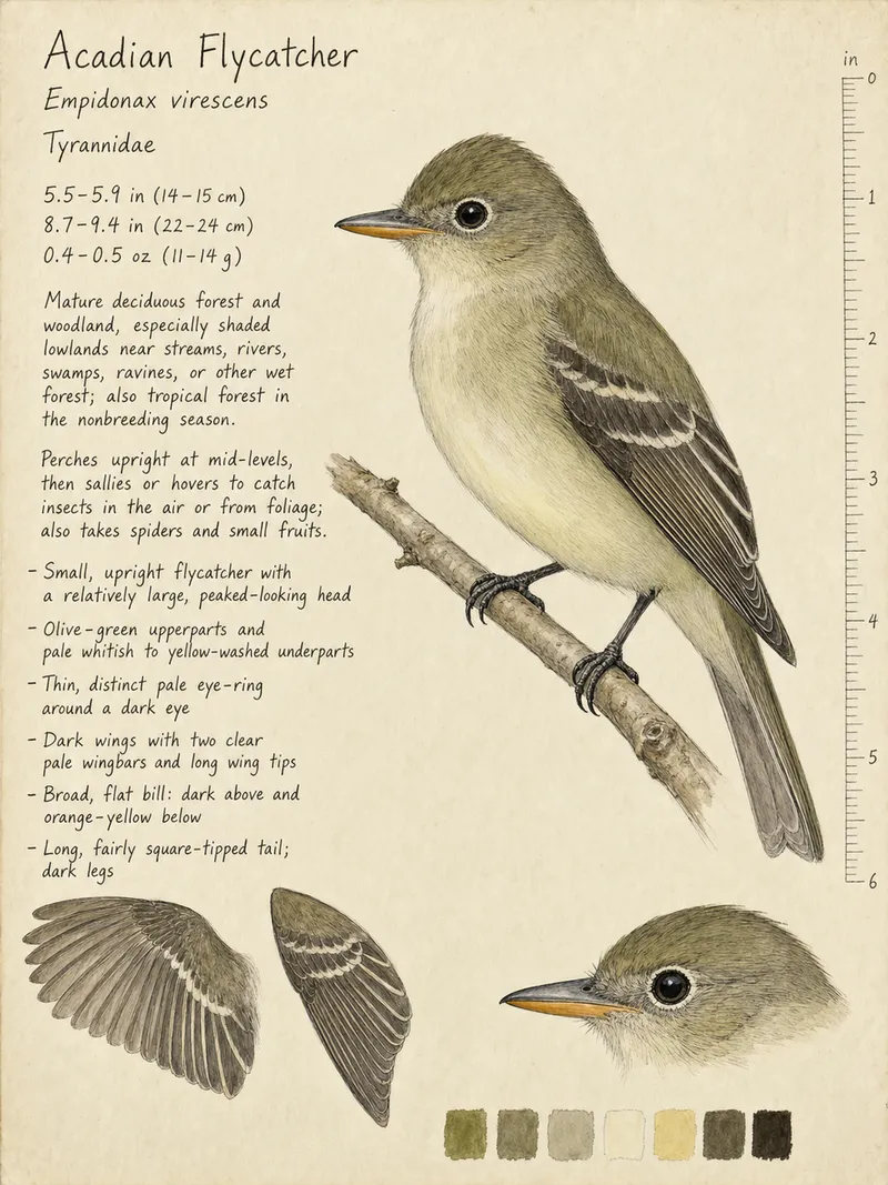 Field-journal plate of a Acadian Flycatcher (Empidonax virescens)
